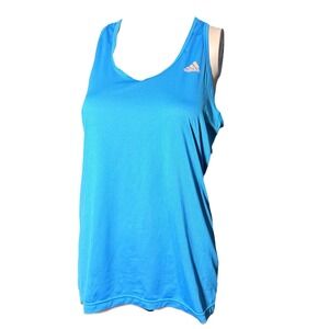 Adidas Climalite Racerback Tank Top Blue Ribbed Pink Logo Scoop Neck Womens M